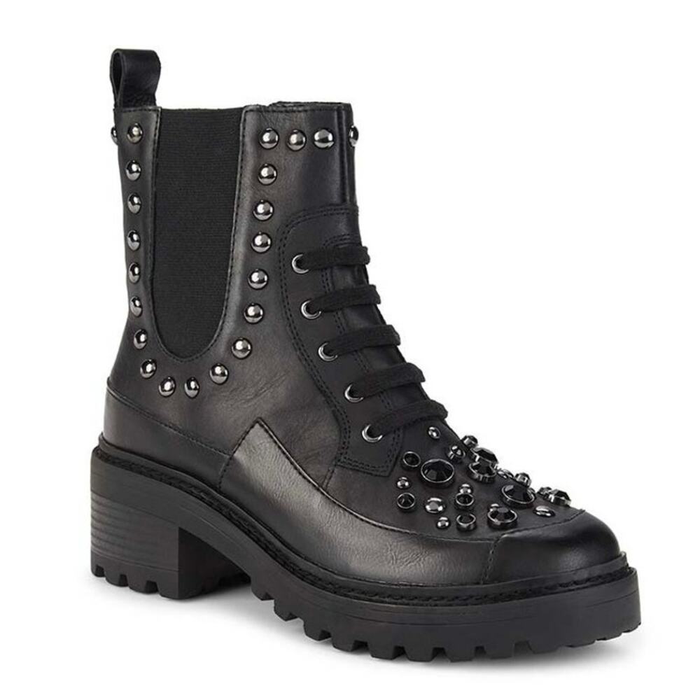 New KARL LAGERFELD PARIS Black Breck Studded Leather Moto Combat Boot Size 6 - Picture 2 of 12